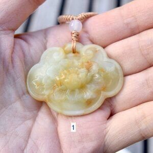 Peony Pendant Braided Rope Necklace - Yellow Serpentine Jade - Style 1